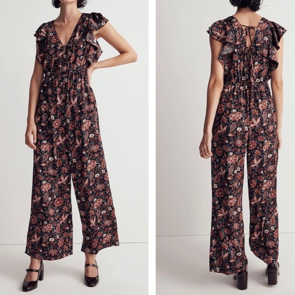 Madewell NEW Deep V Ruffle Tie Jumpsuit Bambas Blooms Black Pink Floral Medium